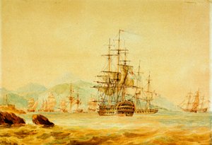 El "Agamemnon" corta el paso a los buques franceses desde Port Maurice, cerca de Oneglia de Nicholas Pocock
