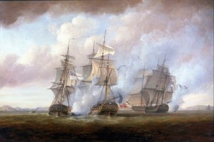 Captura de las fragatas francesas "Resistance" y "Constance" por los HMS "San Fiorenzo" y "Nymphe" el 9 de marzo. de Nicholas Pocock