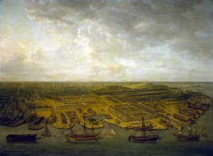 Los muelles y dársenas de Plymouth (Inglaterra). Óleo sobre lienzo de Nicholas Pocock
