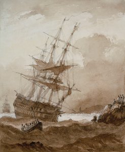 Barco de dos pisos en un vendaval frente a la costa, finales del siglo XVIII-principios del XIX (aguada marrón)