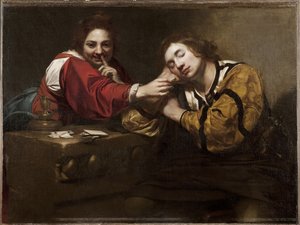 Escena de adivinación (durmiente despertado por una joven), por Renieri, Niccolo (Nicolas Regnier) (c. 1590-1667) de Nicholas Renieri