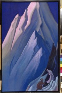 Ella que dirige. En las montañas del Himalaya, un hombre arrodillado toca la parte inferior de la túnica de una mujer, espiritualidad budista. Obra de Nicholas Roerich (1874-1947), témpera sobre lienzo de Nicholas Roerich