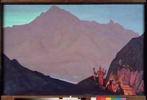 Chenrezig (Bodhidattva de compasión dedicado al Dalai Lama, o Avalokiteshvara). Tíbet occidental en el Himalaya. (Los monjes budistas rinden homenaje a su representación grabada en la pared de la montaña del Himalaya). Pintura de Nicolás (Nicholas) Roeri