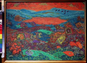 La Batalla de Kerjenets. (inspirado en la ópera ""La Leyenda de la Ciudad Invisible de Kitege y la Virgen Fevronia (La Leyenda de la Ciudad Invisible de Kitege y la Virgen Fevronia)"" de Nicolas (Nikolai) Rimski Korsakov (Rimski-Korsakov) (Rimsky K .) de Nicholas Roerich