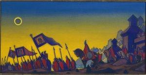 La campaña de Igor. Inspirado en la literatura eslava del siglo XII, un poema épico basado en las hazañas militares del príncipe Igor Sviatoslavitch, conocido como el Valiente (1151-1201 o 1202). Obra de Nicolas Roerich (1874-1947), temple sobre lienzo