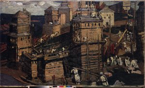 Construyendo una ciudad. (Construyendo un Pueblo). (para una comunidad rural en Ucrania). Pintura de Nicholas Roerich (1874-1947), óleo sobre lienzo