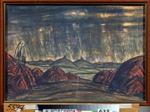 El campo de Polovtsien (o Couman, Kouman). Decoración preparatoria para la ópera Prince Igor de Alexandre Borodin (Borodin) (1833-1887). Obra de Nicholas Roerich (1874-1947), pastel sobre cartón de Nicholas Roerich