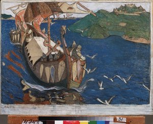 Visitantes extranjeros Los varegos (o Rus) en Rusia. Vikingos daneses y suecos, que recorrieron todo el sistema fluvial de los territorios orientales y construyeron fuertes. Obra de Nicholas Roerich (1874-1947), témpera sobre cartón de Nicholas Roerich