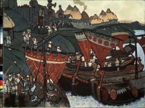 Eslavos en el Dniéper: Varegues (o Rus) en el río. Obra de Nicholas Roerich (1874-1947), témpera y pastel sobre tabla