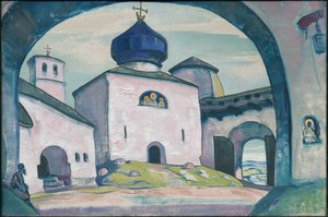 Viejo Pskov, decorado para la ópera de Rimsky-Korsakov "La doncella de Pskov", 1922