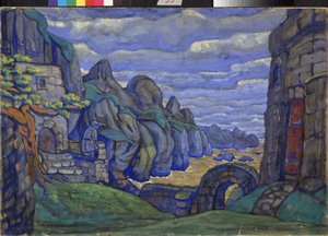 Pueblo junto al mar Decoración preparatoria para la ópera Tristán e Isolda de Richard Wagner (1813-1883). Obra de Nicholas Roerich (1874-1947), gouache y témpera sobre cartón de Nicholas Roerich
