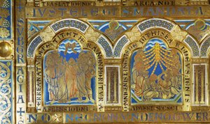 Altar de Verdún. Izquierda: Ascensión de Cristo; ... (placa esmaltada en técnica champsleve sobre cobre dorado) de Nicholas of Verdun