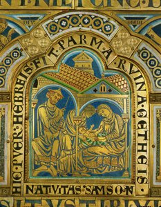 El nacimiento de Sansón, Manoa con sombrero de judío medieval ... (esmalte sobre cobre dorado) de Nicholas of Verdun