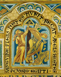 Décima plaga de Egipto: los israelitas pintan las jambas de sus puertas con la sangre del cordero pascual ... (esmalte sobre cobre dorado) de Nicholas of Verdun