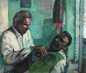 Barbería, 2017-23 (óleo sobre tabla)