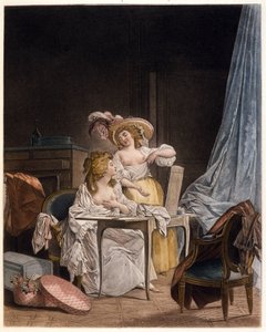 La comparación. Dos mujeres comparan el tamaño de su pecho. Grabado de Nicolas Lavreince (1737-1807), circa 1782 de Niclas II Lafrensen
