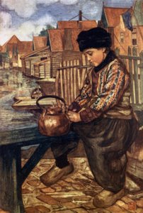 Un niño limpiando una tetera