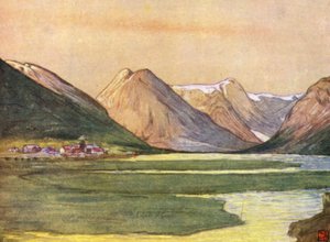 Noruega: Mundal, Fjaerland, Sognefjord (litografía a color) de Nico Jungman