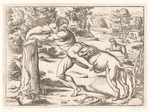 Milón de Crotona atacado por un león de Nicolò Boldrini (attributed to)