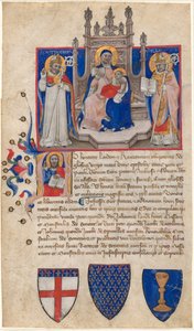 Madonna y el Niño entronizados entre los santos Petronio y Alle (Eligio); Cristo en la inicial A de Nicolò da Bologna