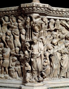 Arte gótico: Jesús aplasta los vicios (detalle de relieves del púlpito) de Nicola Pisano