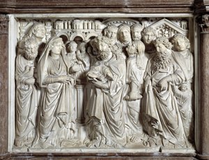 Presentación de Jesús en el templo (silla realizada por Nicola Pisano (1215/20-1278/84)) (púlpito de mármol) 1260 Baptisterio de San Juan de Pisa (Battistero san Giovanni di Pisa), Italia de Nicola Pisano