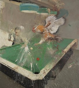 Billar con gallo, 2021 (óleo sobre lienzo) de Nicola Pucci