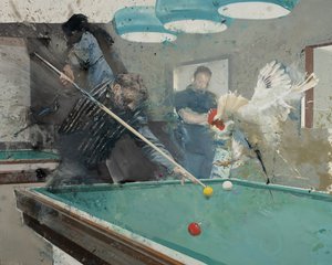 Billar con gallo II, 2022 (óleo sobre lienzo) de Nicola Pucci