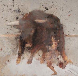 Toro con torero, 2019 (óleo y combustión sobre madera) de Nicola Pucci