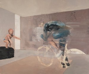 Niño con ciclista, 2019 (óleo sobre lienzo) de Nicola Pucci