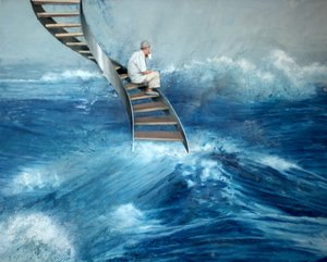 Hombre sentado en una escalera, 2016 (óleo sobre lienzo) de Nicola Pucci