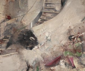 Toro de escalera con torero, 2021 (óleo sobre lienzo)
