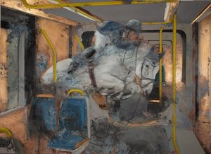 Caballo blanco salta sobre un tren, 2023 (óleo sobre cobre) de Nicola Pucci