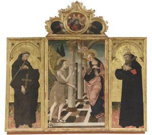Anunciación entre los santos Juan Gualberto y Benito, c.1500-05 (tríptico sobre tabla)