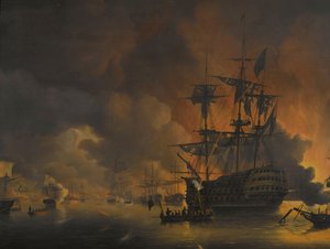 El incendio en los muelles de Argel, poco después del comienzo del bombardeo de la flota anglo-holandesa, 27 de agosto de 1816
Cuatro episodios durante la presencia de la flota anglo-holandesa en la bahía de Argel, del 26 al 27 de agosto de 1816 (título d