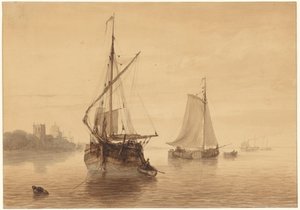 Paisaje fluvial con algunos barcos de Nicolaas Johannes Roosenboom