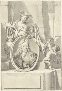 Putti y una mujer cerca de un medallón con el retrato de Arnold Houbraken