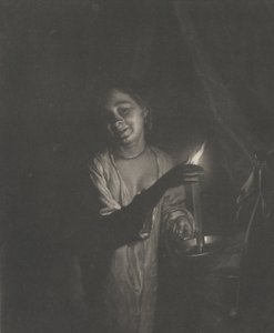 Joven mujer sosteniendo una vela en un dormitorio, 1690-1715 de Nicolaas Verkolje