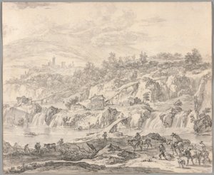 Paisaje con cascadas y puentes, campesinos en primer plano de Nicolaes Berchem