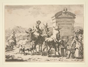 Sin título - Escena de género con personas en burros y una lápida de Nicolaes Berchem