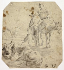 Mujer y niño en burro, hombre, perros, caballos