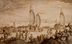 Prins Maurits de los yates terrestres de Nassau en la playa de Scheveningen, c.1614-15 de Nicolaes Jansz  Visscher