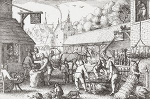 Aldeanos holandeses del siglo XVII haciendo cuerda de Nicolaes Jansz Visscher