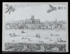 Panorama de Londres y el Támesis, parte dos mostrando la Catedral de San Pablo y el Teatro Globe, c. 1600