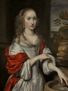 Retrato de una niña joven, de pie cerca de una fuente de Nicolaes Maes