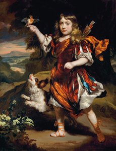 Retrato de un niño, como Daifilo, con un sobrepelliz rojo sobre una túnica plateada, con una capa naranja, un pájaro descansando en su mano derecha, su perro a su lado, en un paisaje de Nicolaes Maes