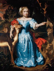 Retrato de una niña, de cuerpo entero, como Granida, en un vestido de seda azul y manto rojo, su mano izquierda recogiendo agua en una concha de un manantial, su mano derecha alrededor de un ciervo de Nicolaes Maes