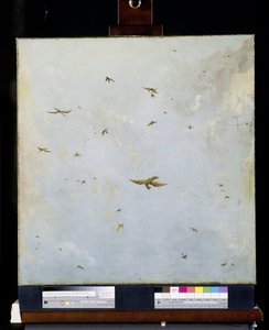 Pintura de techo de casa de muñecas de un cielo nublado con pájaros de Nicolaes Piemont (attributed to)