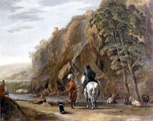 Paisaje italianizante con figuras y un caballo en un camino de Nicolaes Pietersz. Berchem