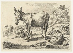 Paisaje con burro, oveja, cabra y pastores. Animales (título de la serie) de Nicolaes Pietersz Berchem